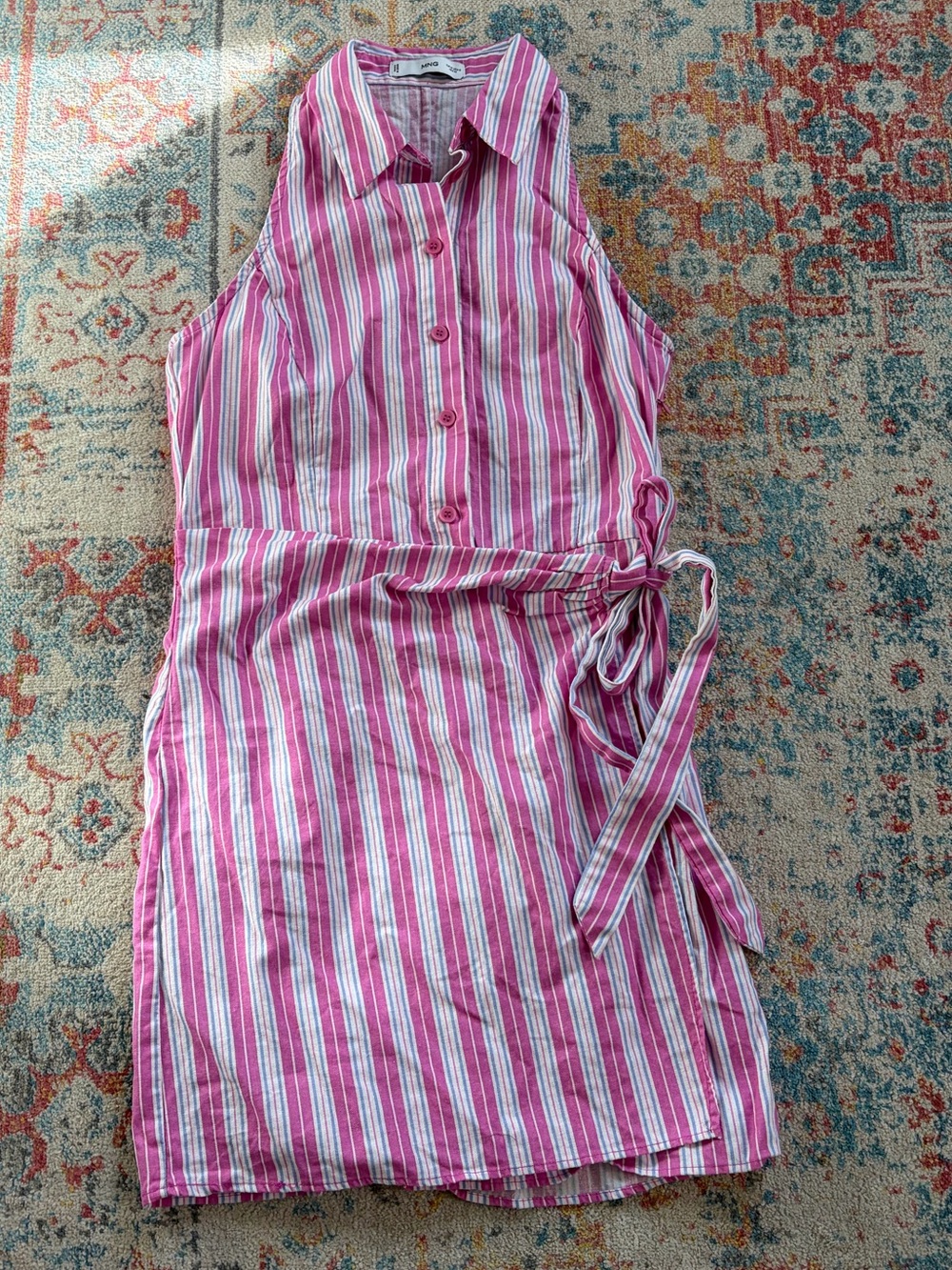 Mango Pink and White Striped Sleeveless Button-Down Wrap Dress
